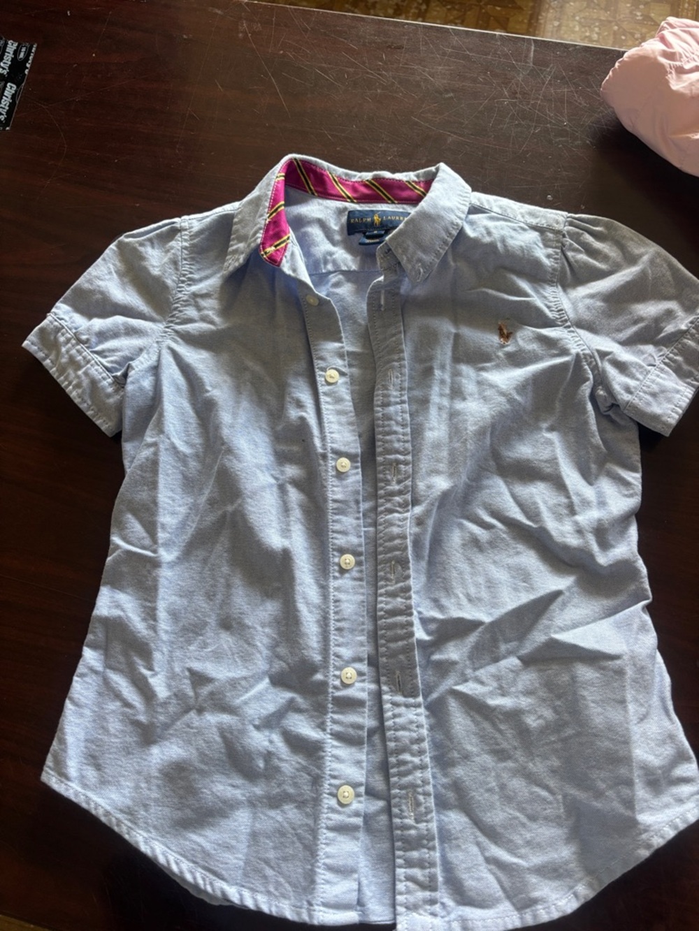 Ralph Lauren Light Blue Short-Sleeve Button-Down with Pink Trim